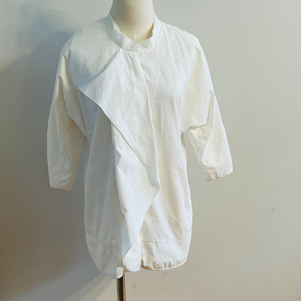 KUHO White Cotton Draped Front Oversized Tunic Top Stand Collar Avant Garde